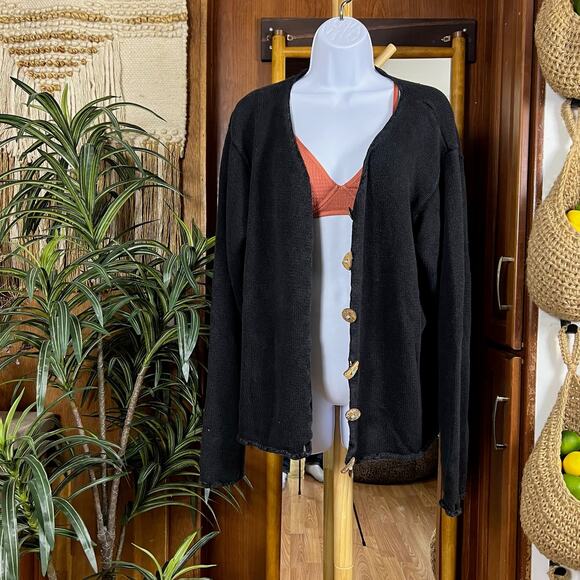 Vintage Coldwater Creek Cardigan L/XL Black Artisan Boho Knit Turquoise Buttons - Picture 2 of 14
